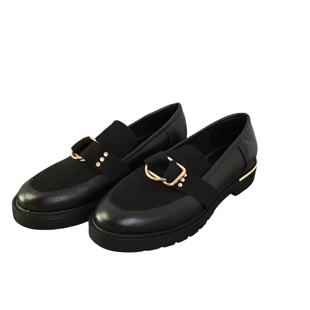 River Island Gold Toned Buckle Loafers Slip-on Style Almond Toe Chunky Sole Sz 9